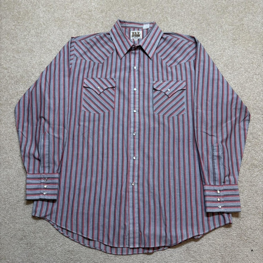 Vtg Ely Cattleman Shirt Mens XL Gray Red Striped Western Pearl Snap Long‎ Sleeve